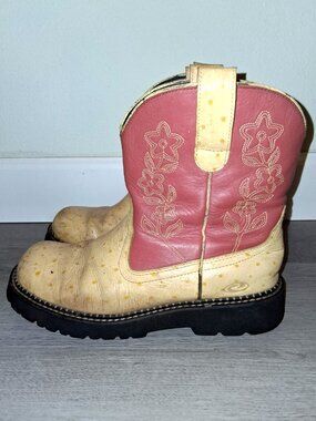 Roper Yellow and Red Ostrich Leather Embroidered Cowboy Boots Women's Size 9